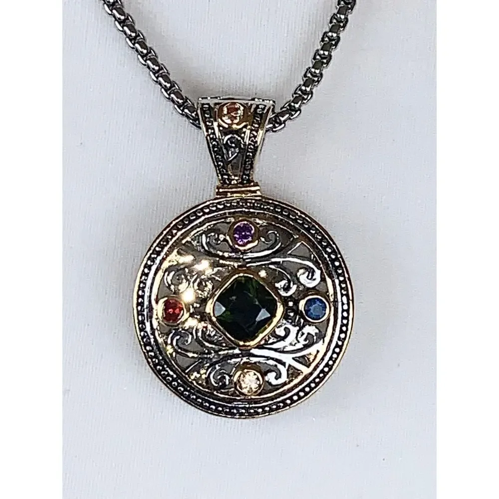 Silver Tone Round Crystal Gemstone Locket Style Scroll Pendant Necklace
